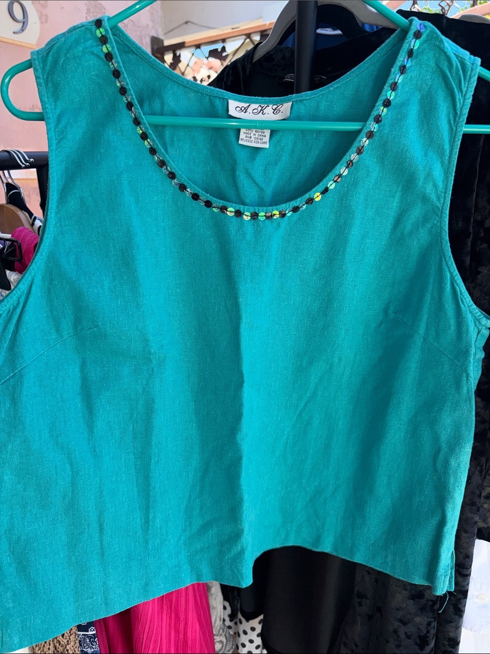 Women's Teal Sleeveless Sequin-Trim Linen Tank
